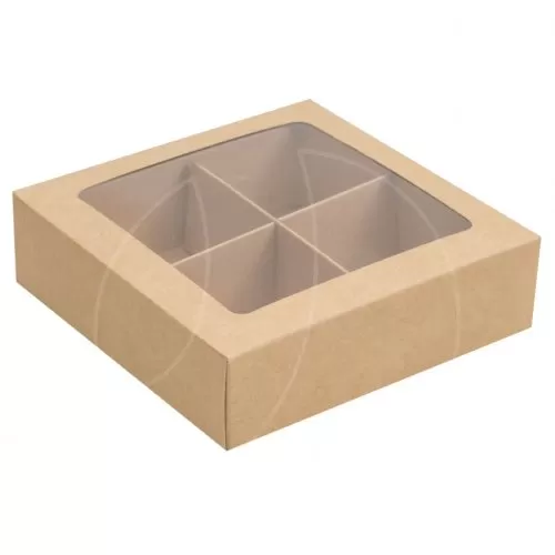 Коробка на 4 конфеты с окном крафт 12,6х12,6х3,5 см КУ-168